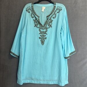 Chico's 100% Linen Beaded Tunic Top Size 2 (L) Aqua Blue Resort Vacation Coastal